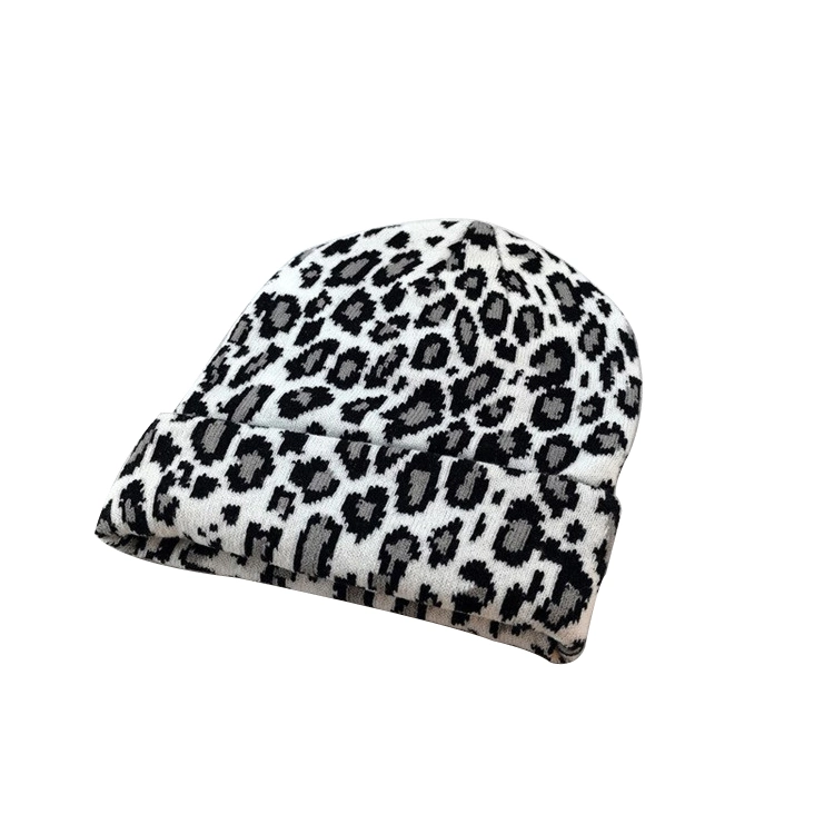 Wholesale Custom Slouchy Leopard Winter Knitted Beanie Hat Winter Headwear